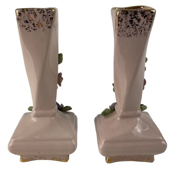 Vintage 1950s Set of 2 Pink/Gold Bud Vases w/ Applied Flowers Darvill LA Cali - Picture 9 of 13